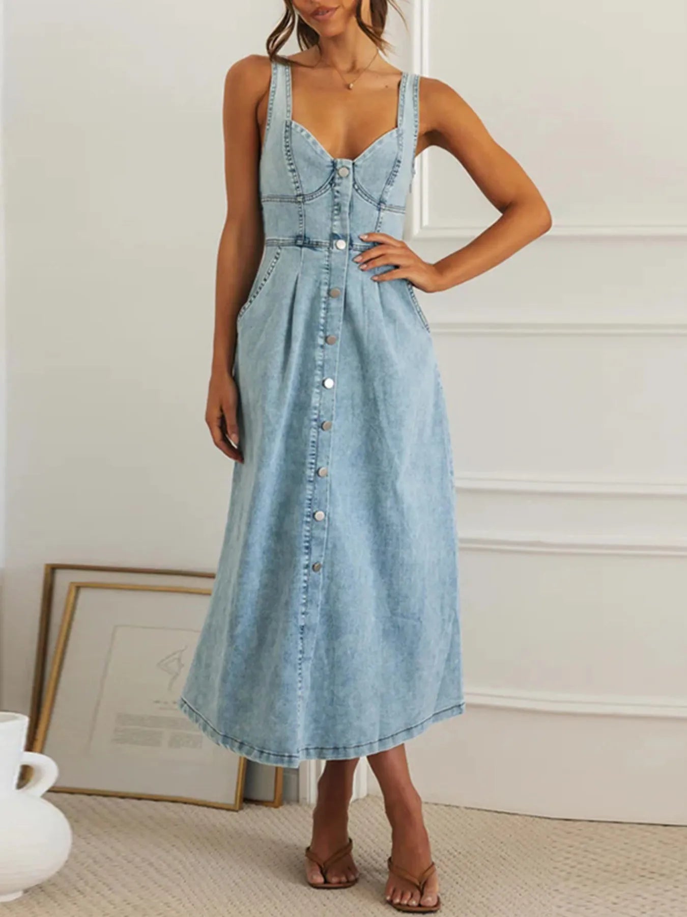 Sweetheart Neck Button-Front Midi Denim Dress - Grace Beauty H&C 