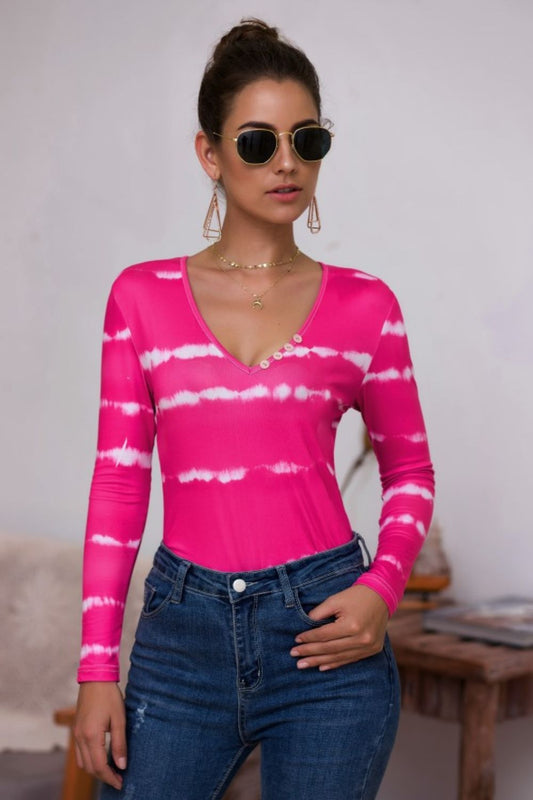 Tie-Dye Plunge Long Sleeve Top - Grace Beauty H&C 