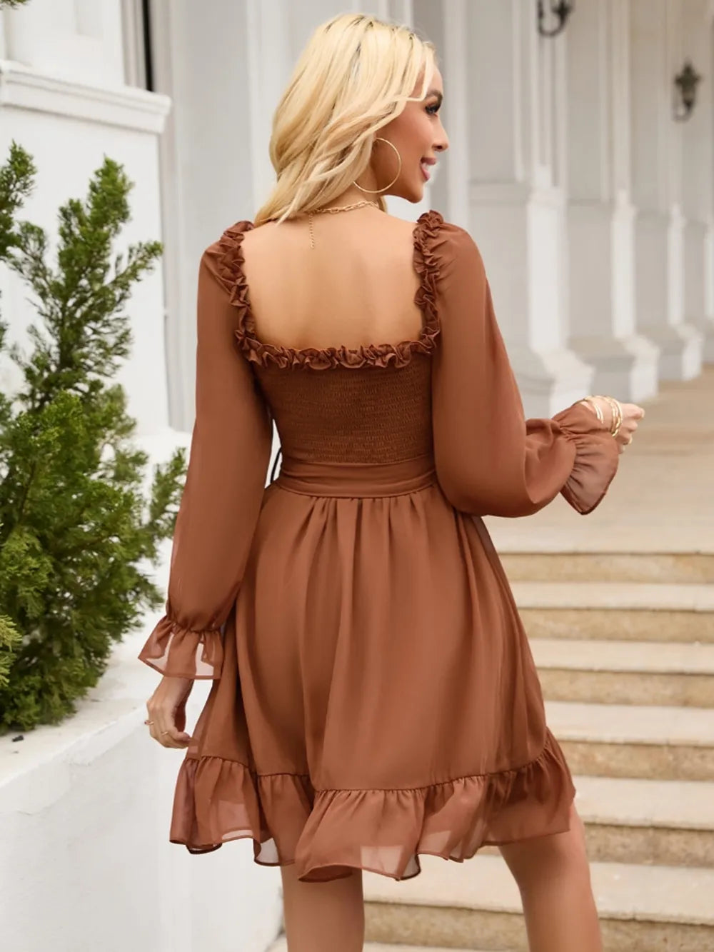 Tie Front Ruffle Hem Smocked Dress - Grace Beauty H&C 