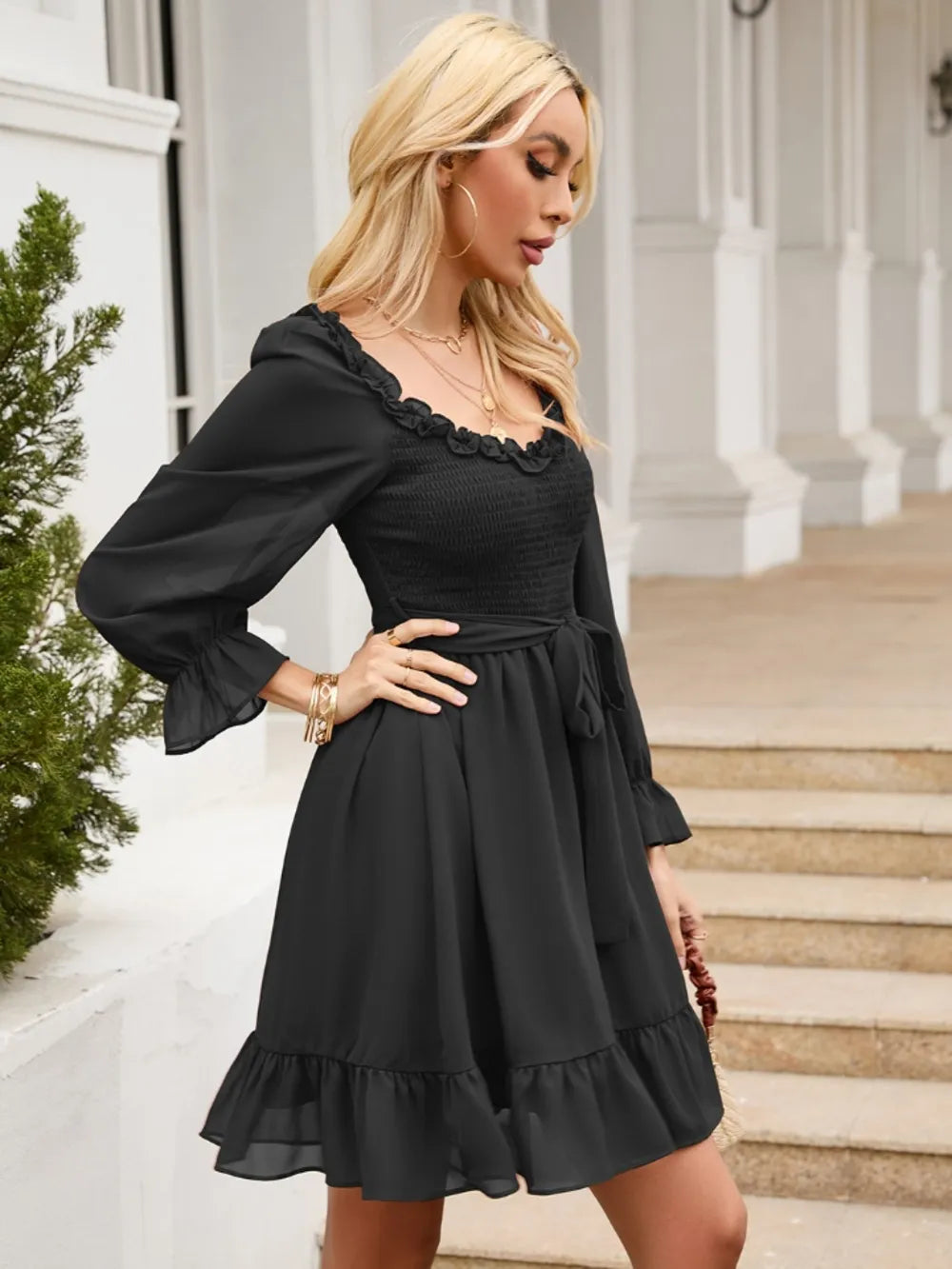 Tie Front Ruffle Hem Smocked Dress - Grace Beauty H&C 
