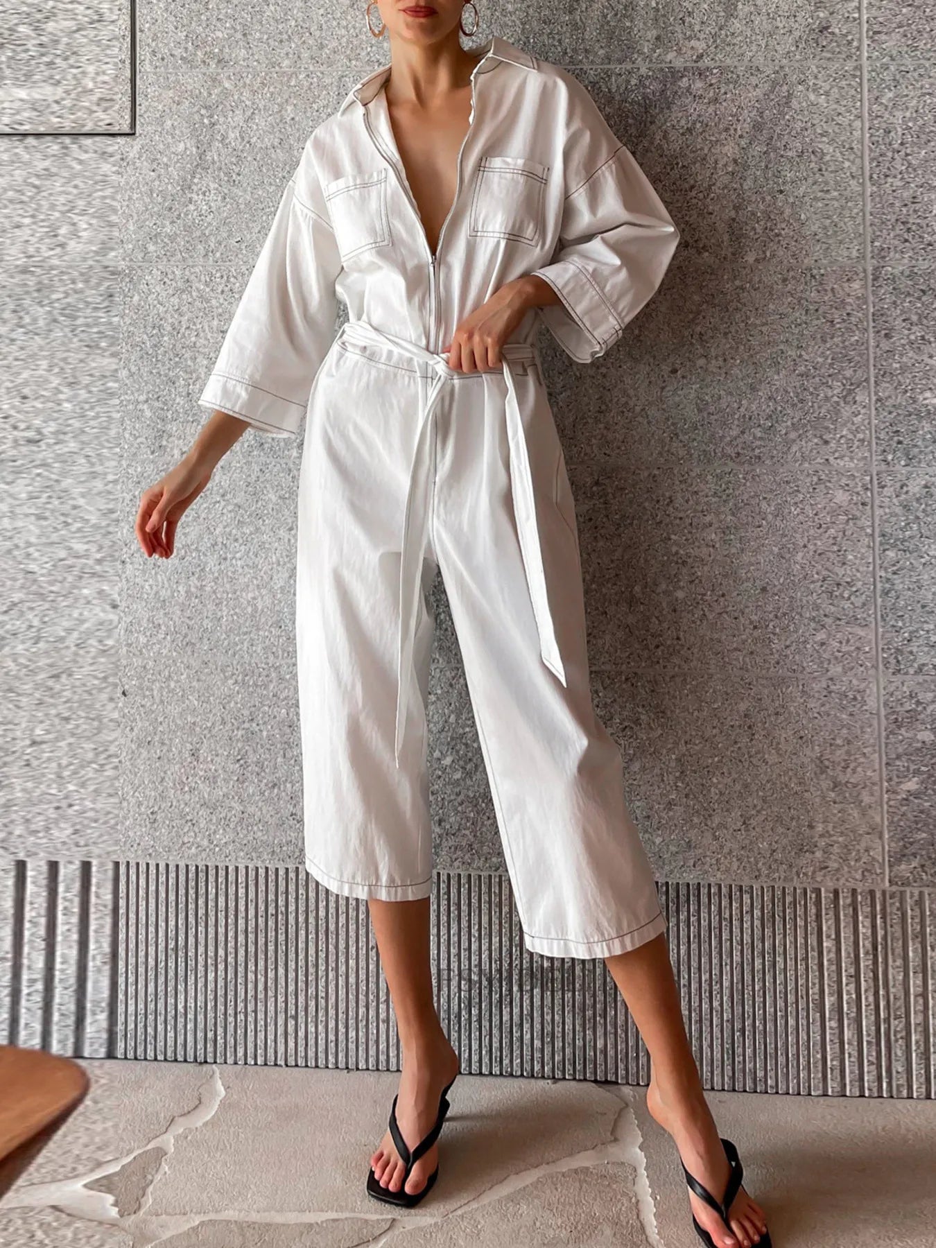 Tie Waist Wide Leg Jumpsuit - Grace Beauty H&C 
