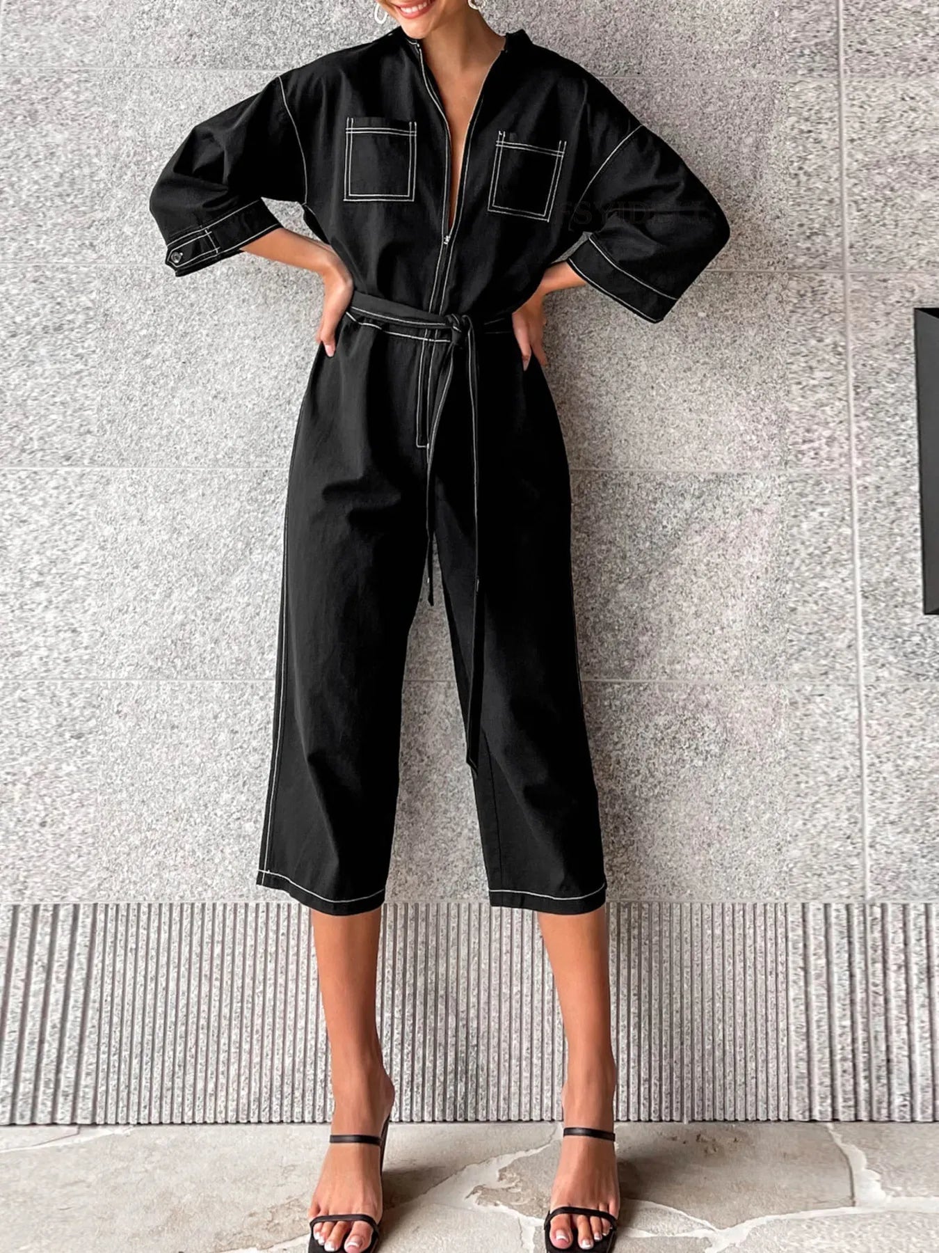 Tie Waist Wide Leg Jumpsuit - Grace Beauty H&C 