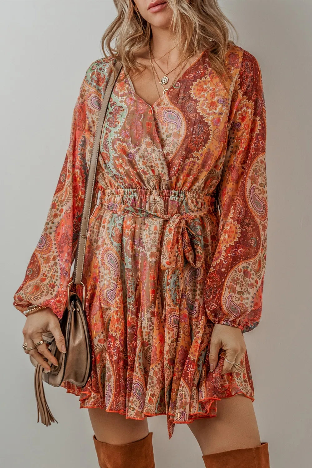 Tied Printed Balloon Sleeve Mini Dress - Grace Beauty H&C 