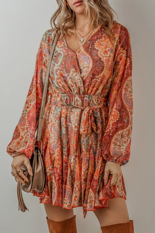 Tied Printed Balloon Sleeve Mini Dress - Grace Beauty H&C 