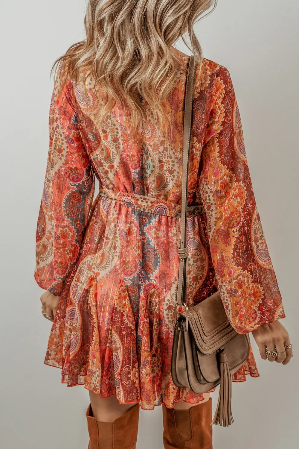 Tied Printed Balloon Sleeve Mini Dress - Grace Beauty H&C 