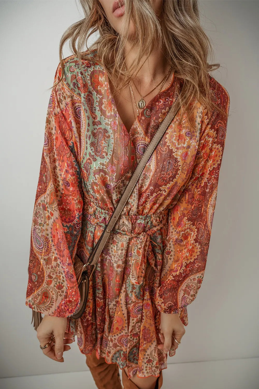 Tied Printed Balloon Sleeve Mini Dress - Grace Beauty H&C 