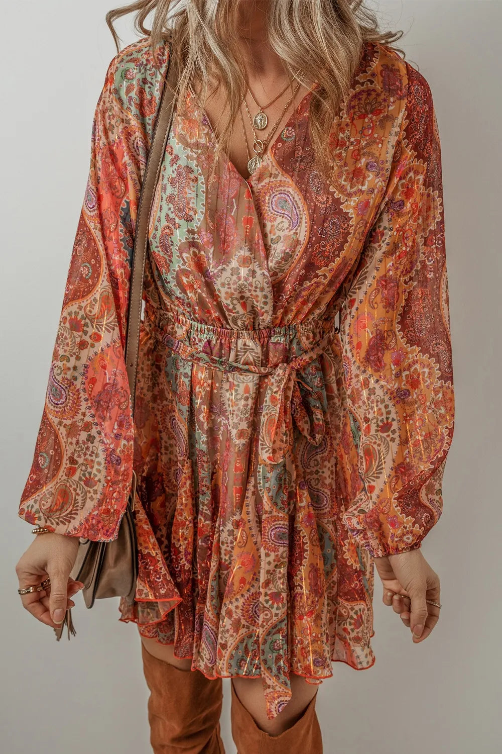Tied Printed Balloon Sleeve Mini Dress - Grace Beauty H&C 
