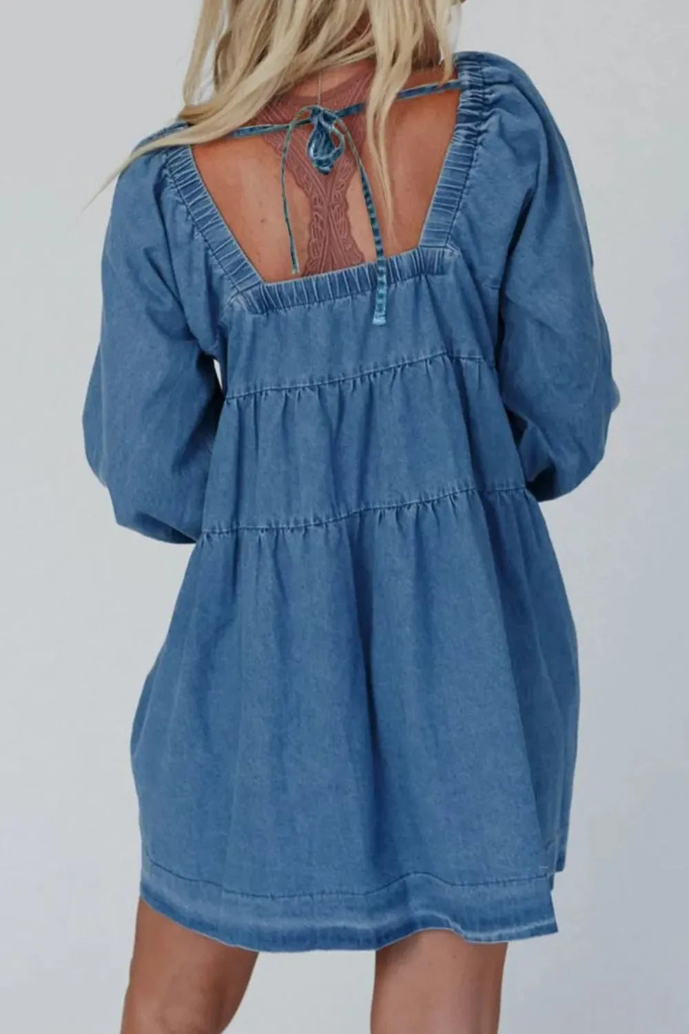 Tied Square Neck Long Sleeve Denim Dress with Pockets - Grace Beauty H&C 