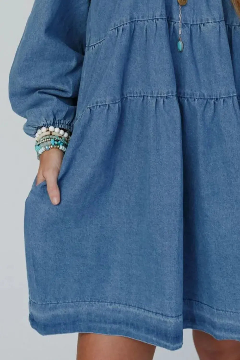 Tied Square Neck Long Sleeve Denim Dress with Pockets - Grace Beauty H&C 