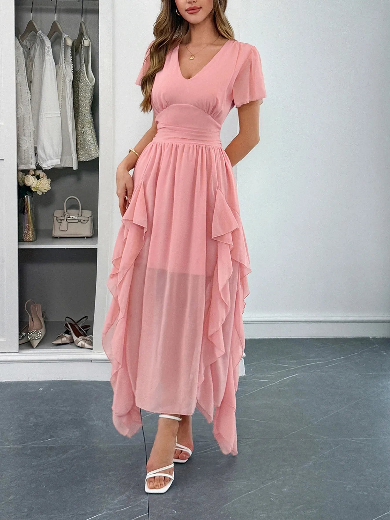 V-Neck Flutter Sleeve Dress - Grace Beauty H&C 