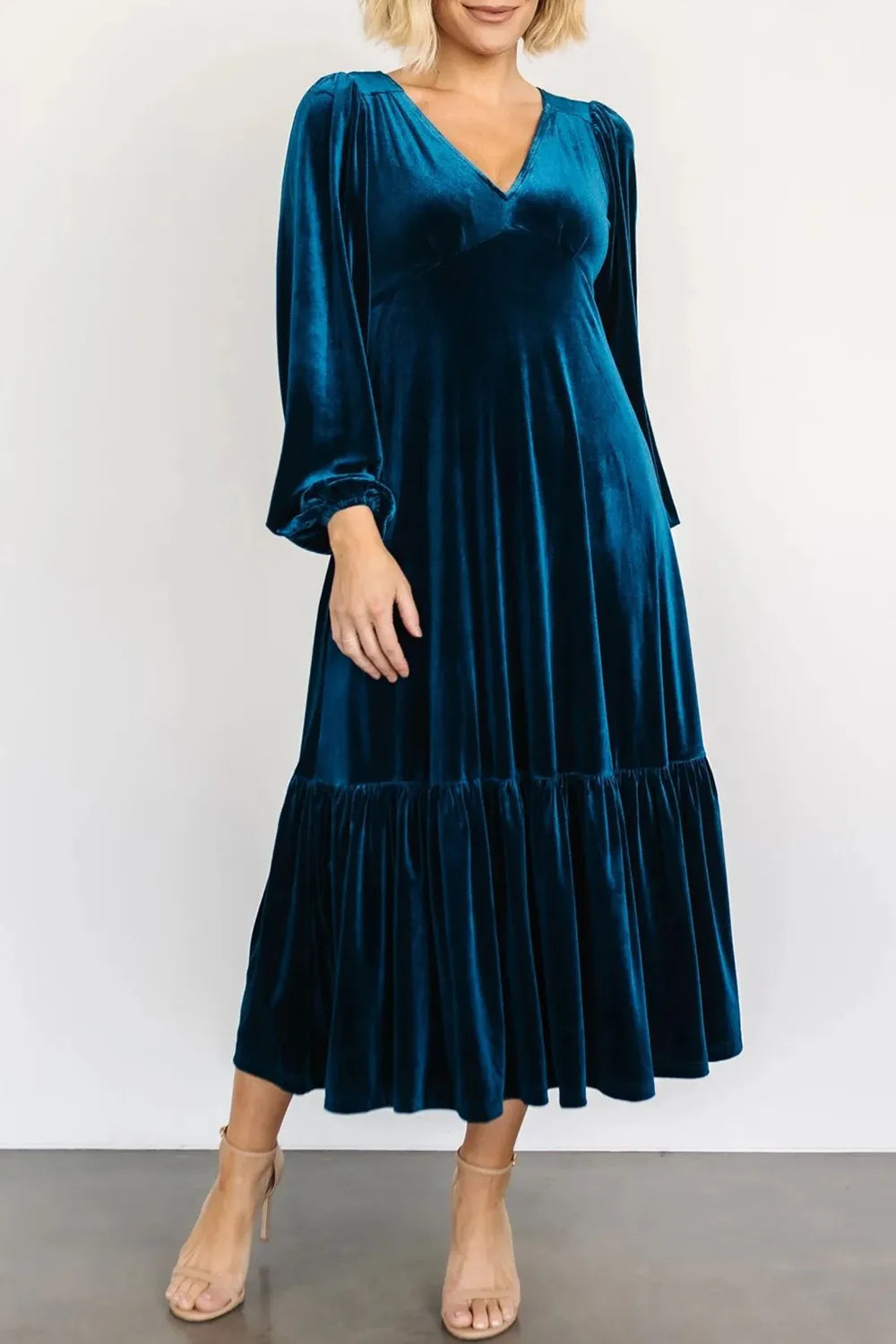 V-Neck Long Sleeve Midi Velvet Dress - Grace Beauty H&C 