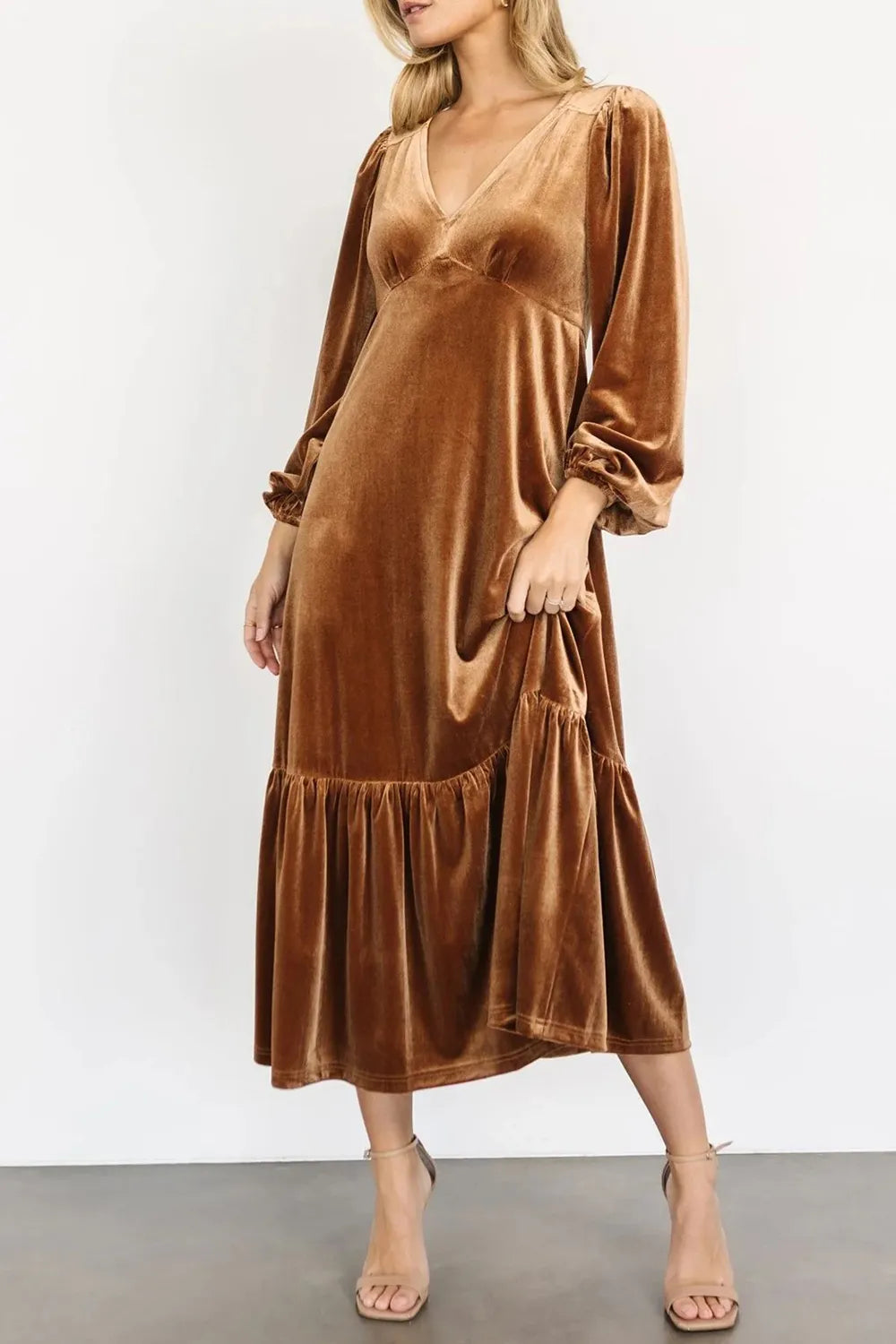 V-Neck Long Sleeve Midi Velvet Dress - Grace Beauty H&C 