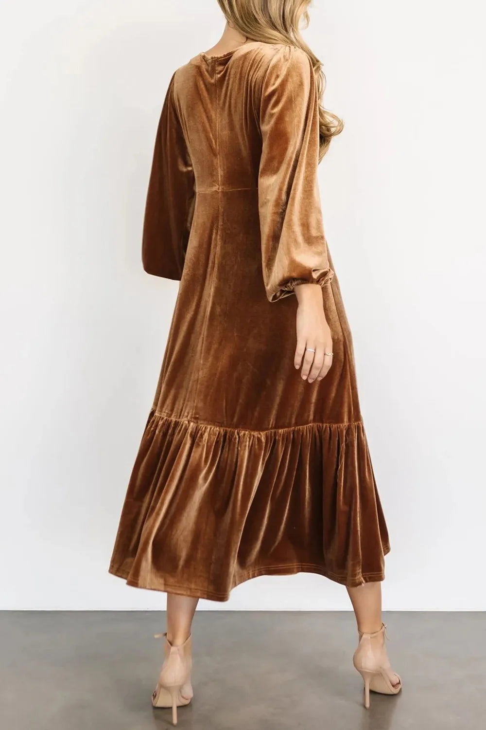 V-Neck Long Sleeve Midi Velvet Dress - Grace Beauty H&C 