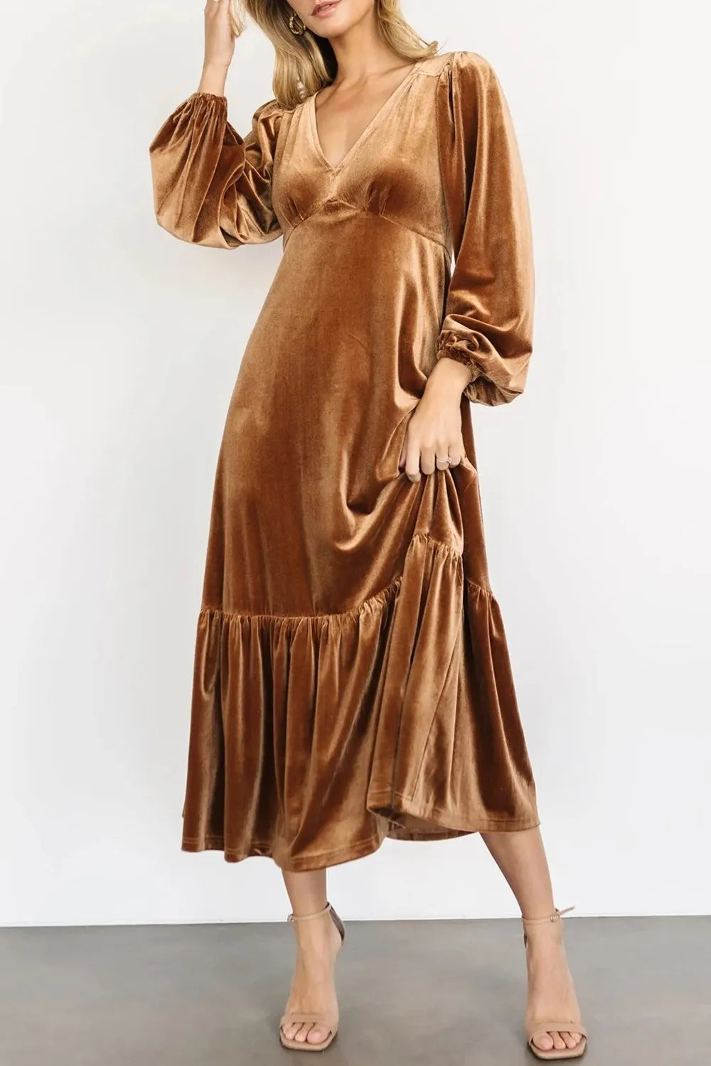 V-Neck Long Sleeve Midi Velvet Dress - Grace Beauty H&C 