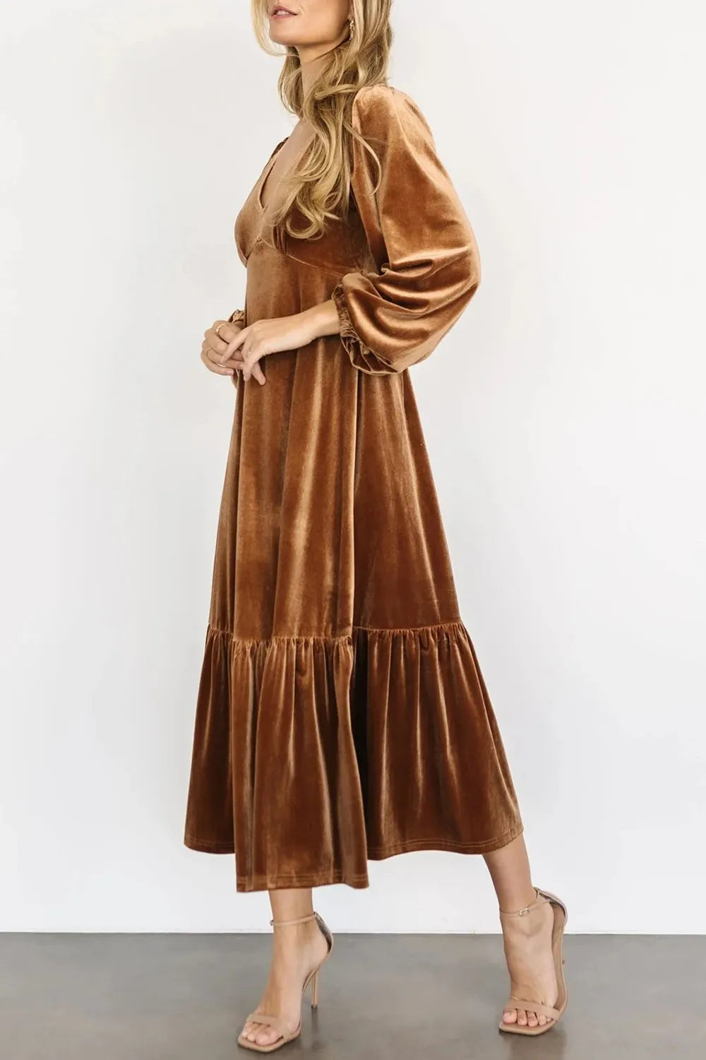 V-Neck Long Sleeve Midi Velvet Dress - Grace Beauty H&C 