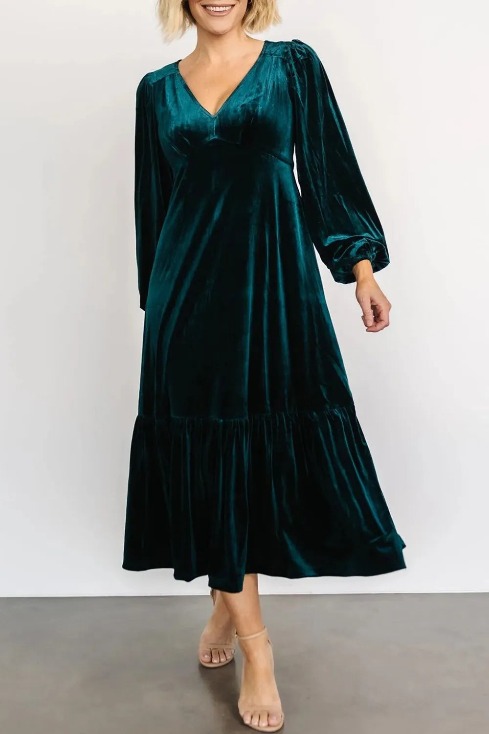 V-Neck Long Sleeve Midi Velvet Dress - Grace Beauty H&C 