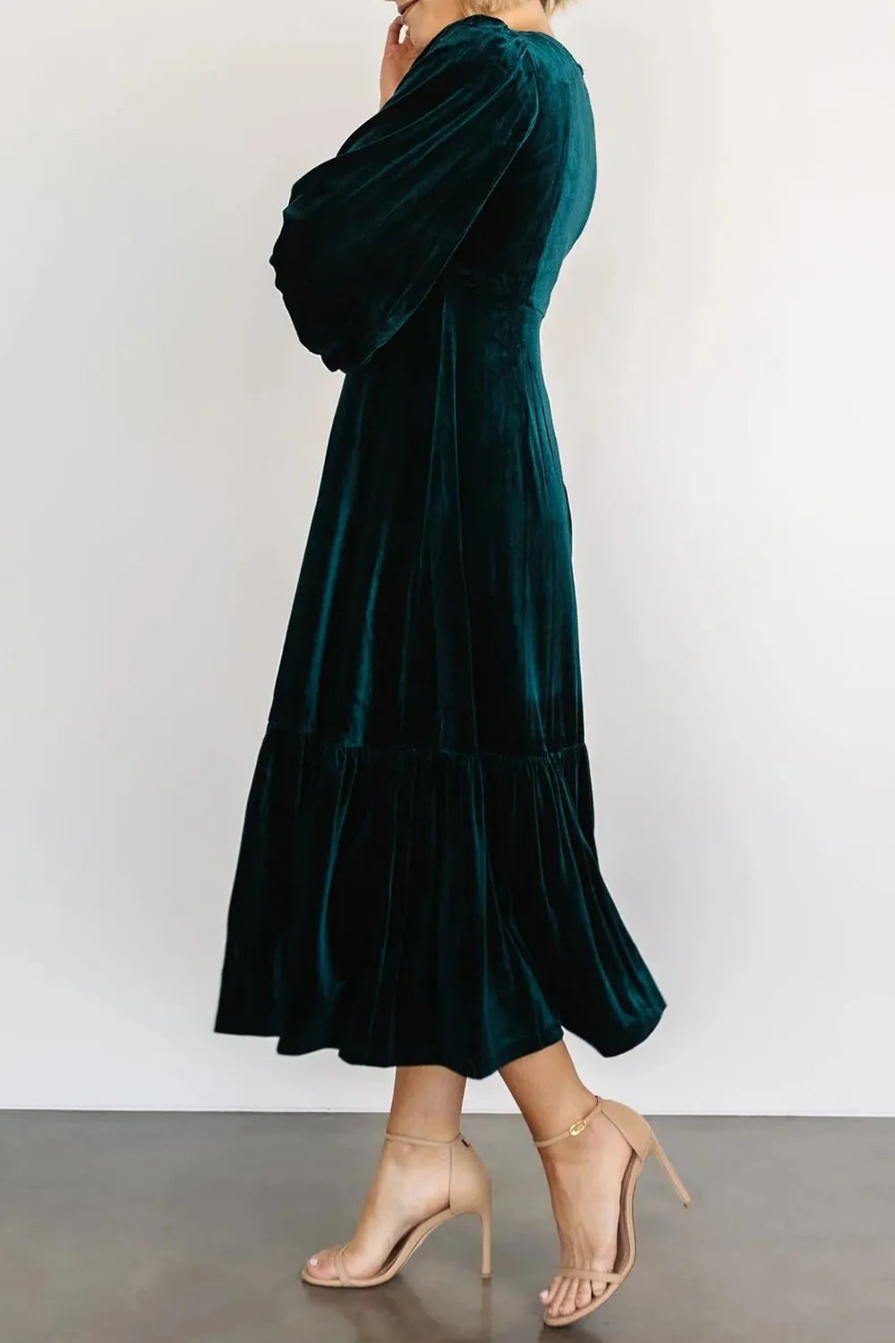 V-Neck Long Sleeve Midi Velvet Dress - Grace Beauty H&C 