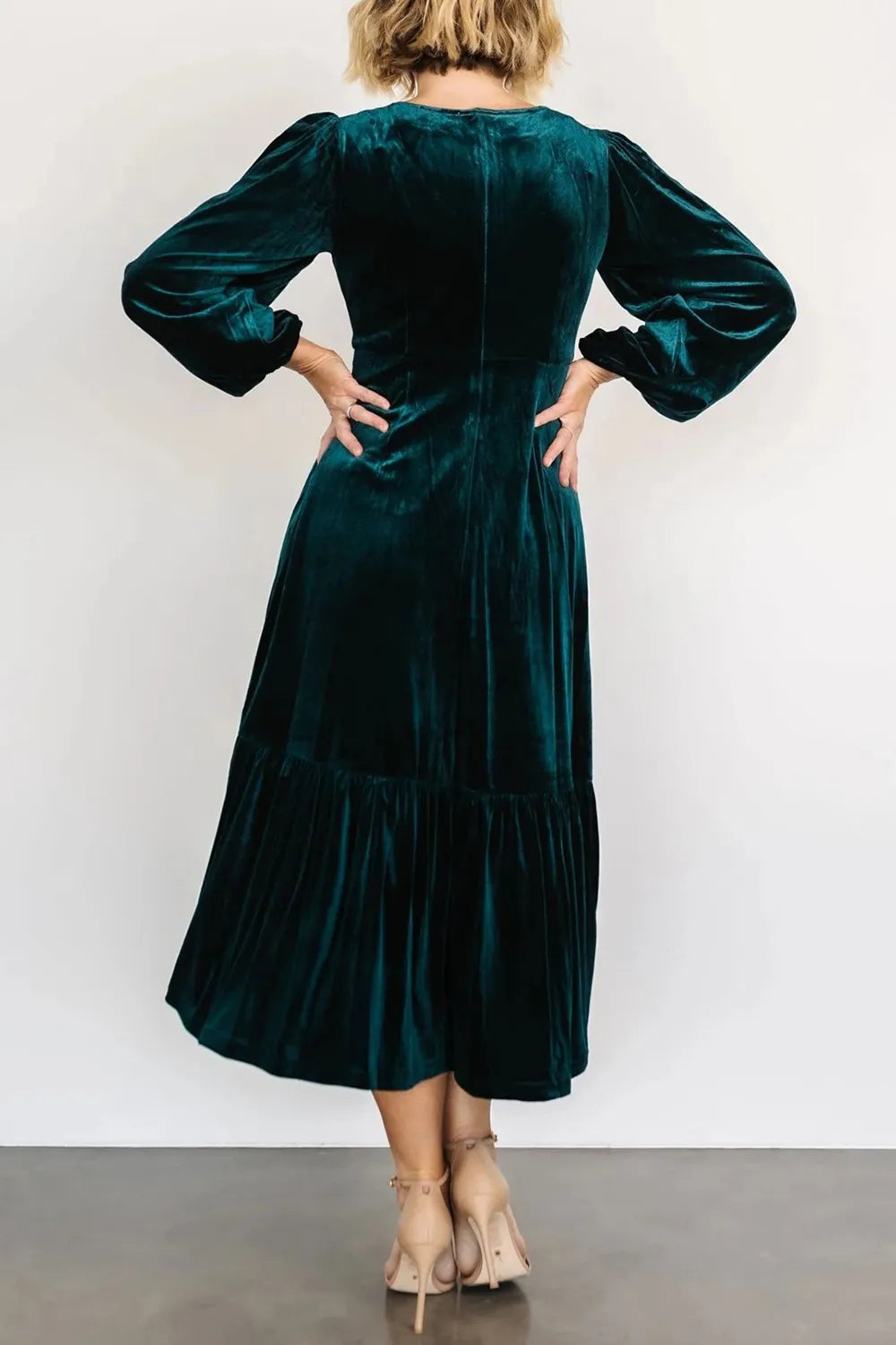 V-Neck Long Sleeve Midi Velvet Dress - Grace Beauty H&C 