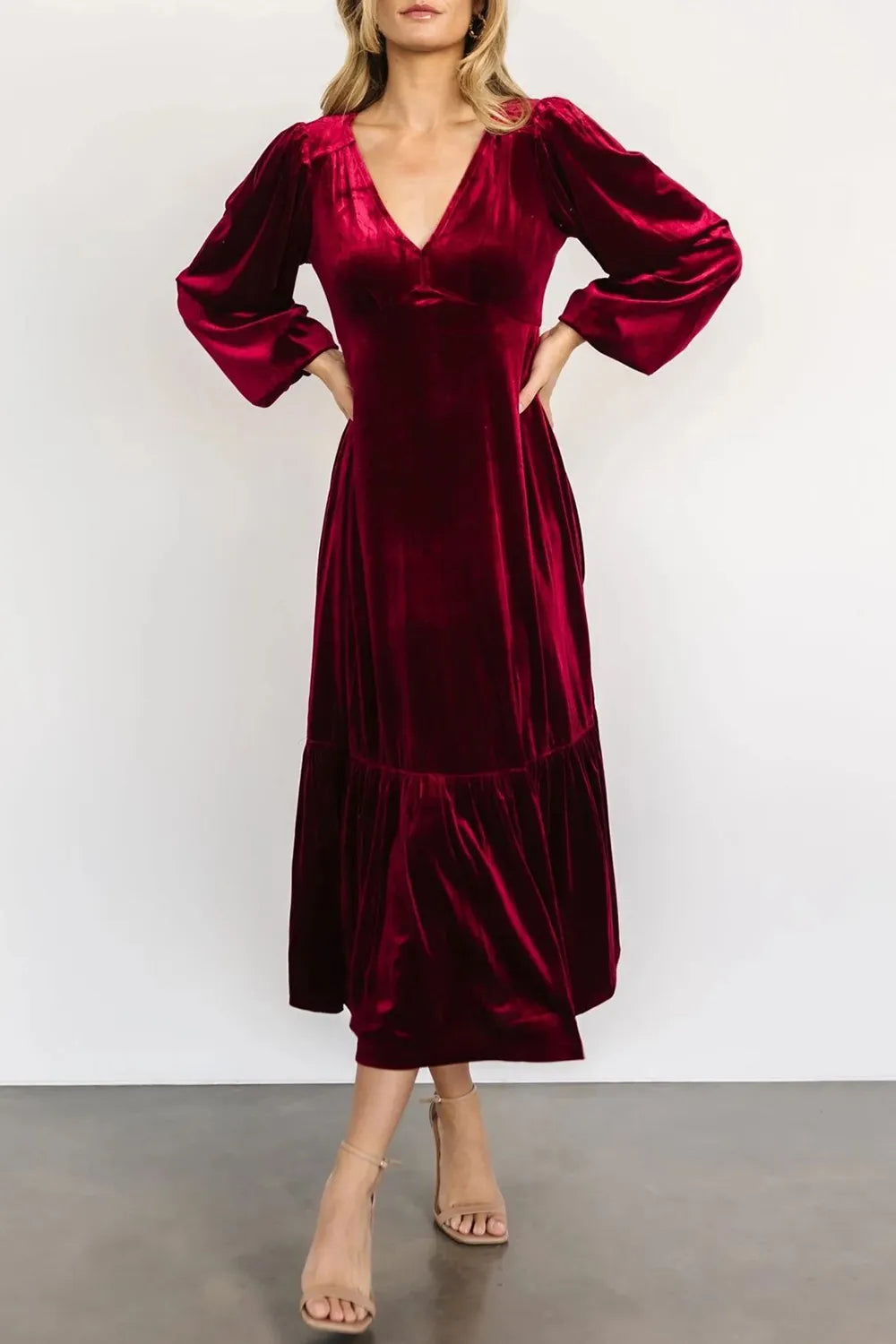 V-Neck Long Sleeve Midi Velvet Dress - Grace Beauty H&C 