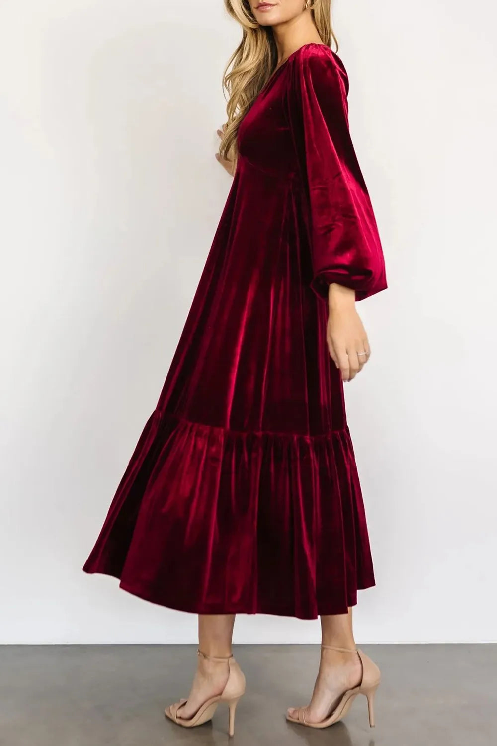 V-Neck Long Sleeve Midi Velvet Dress - Grace Beauty H&C 