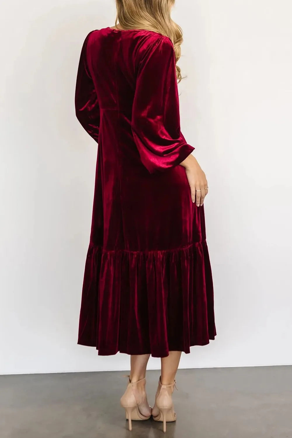 V-Neck Long Sleeve Midi Velvet Dress - Grace Beauty H&C 