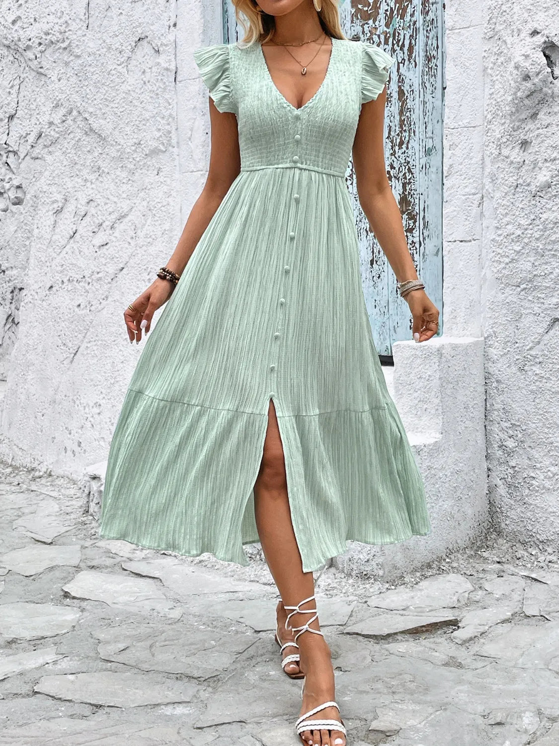 V-Neck Ruffled Cap Sleeve Dress - Grace Beauty H&C 