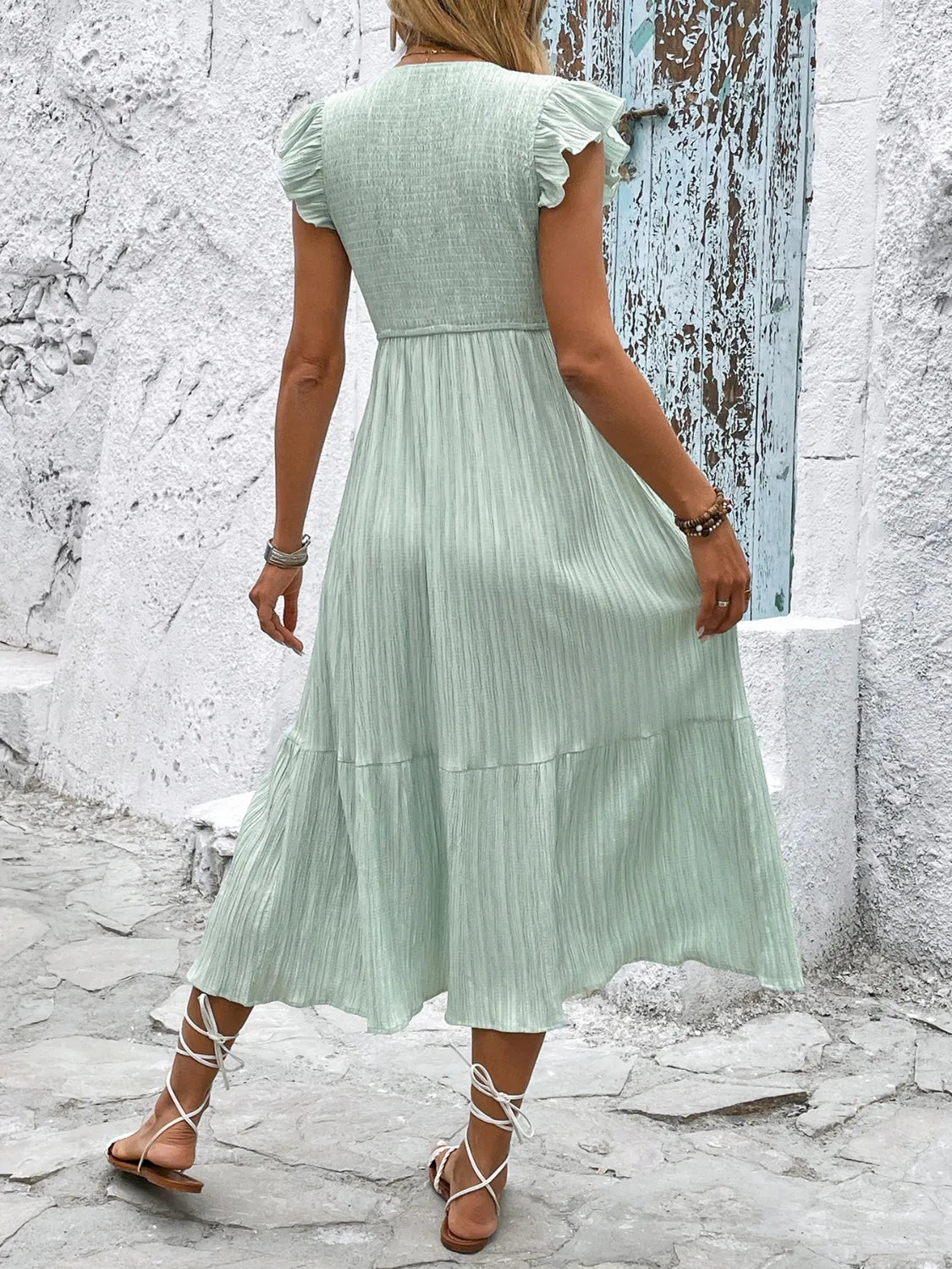 V-Neck Ruffled Cap Sleeve Dress - Grace Beauty H&C 
