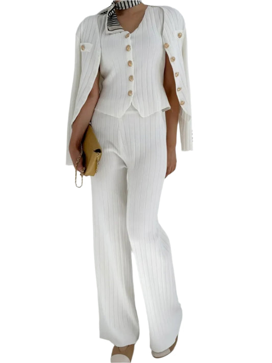 V-Neck Tank, Cardigan and Pants Three-Piece Sweater Set - Grace beauty H&C 