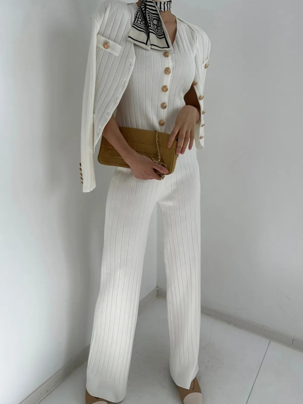 V-Neck Tank, Cardigan and Pants Three-Piece Sweater Set - Grace beauty H&C 