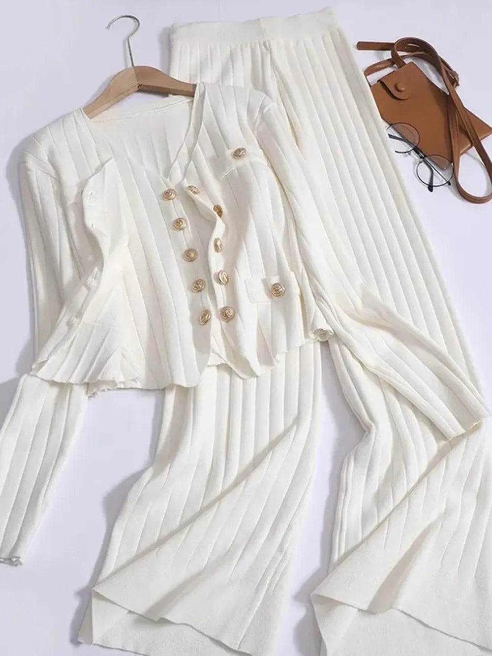 V-Neck Tank, Cardigan and Pants Three-Piece Sweater Set - Grace beauty H&C 