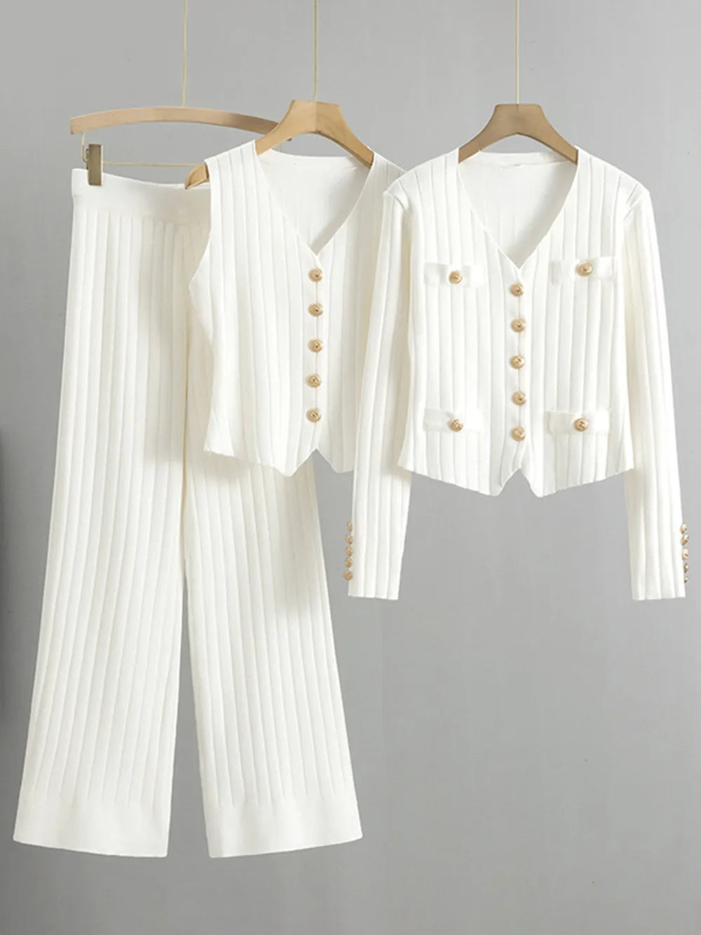 V-Neck Tank, Cardigan and Pants Three-Piece Sweater Set - Grace beauty H&C 