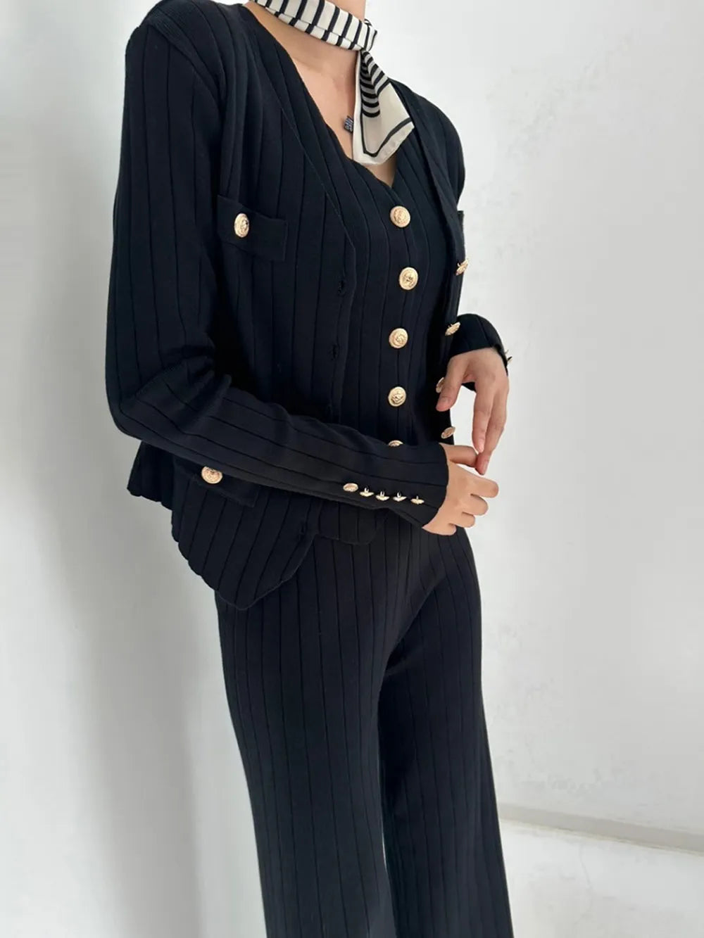 V-Neck Tank, Cardigan and Pants Three-Piece Sweater Set - Grace beauty H&C 