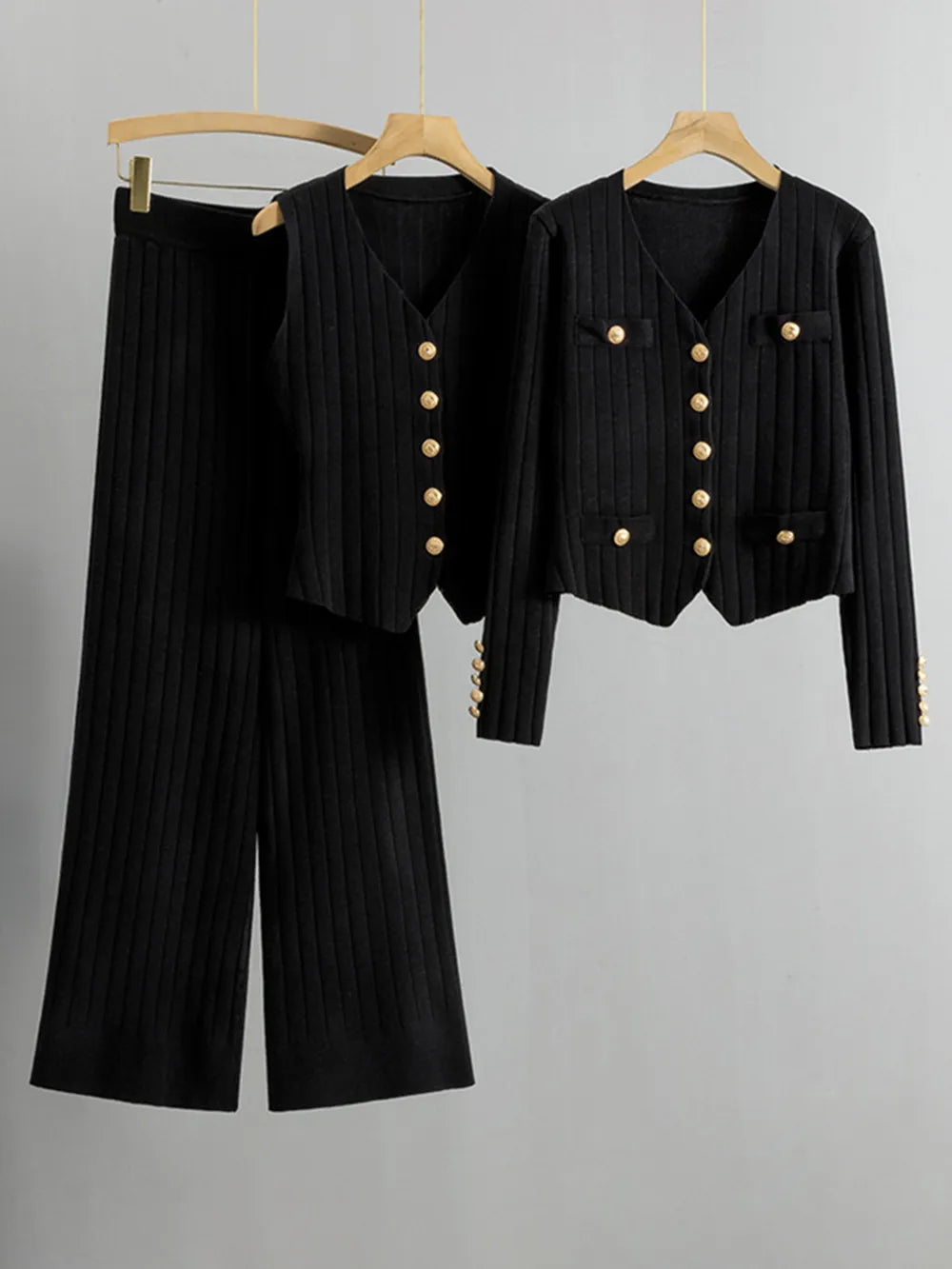 V-Neck Tank, Cardigan and Pants Three-Piece Sweater Set - Grace Beauty H&C 