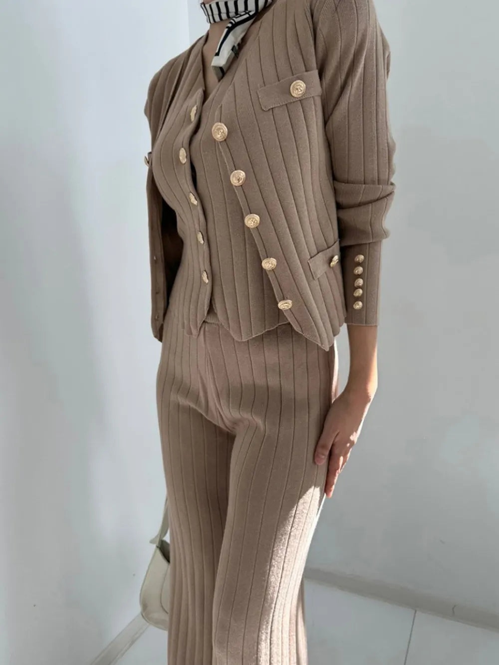 V-Neck Tank, Cardigan and Pants Three-Piece Sweater Set - Grace Beauty H&C 