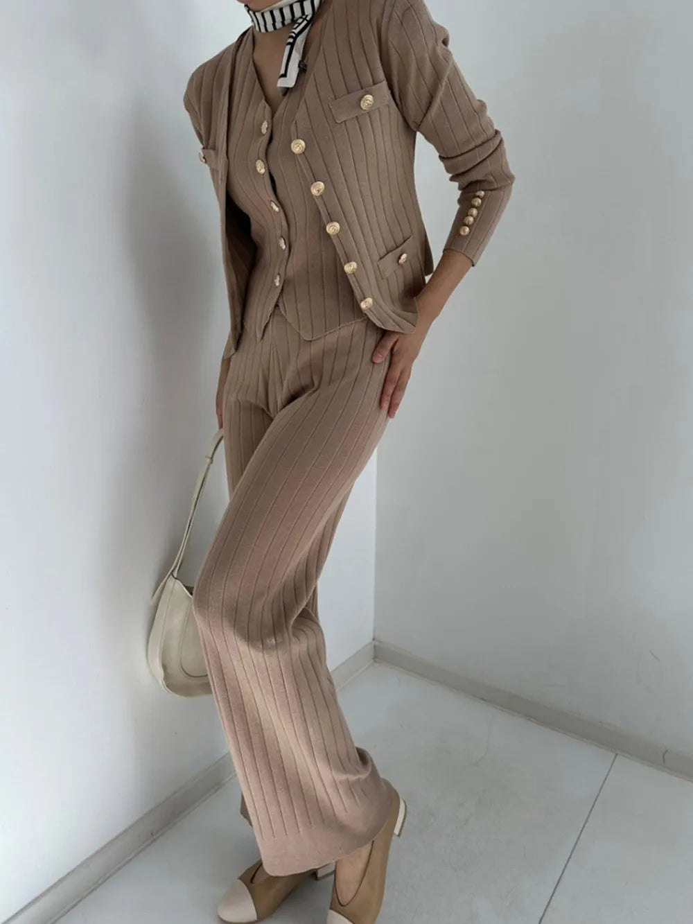 V-Neck Tank, Cardigan and Pants Three-Piece Sweater Set - Grace Beauty H&C 