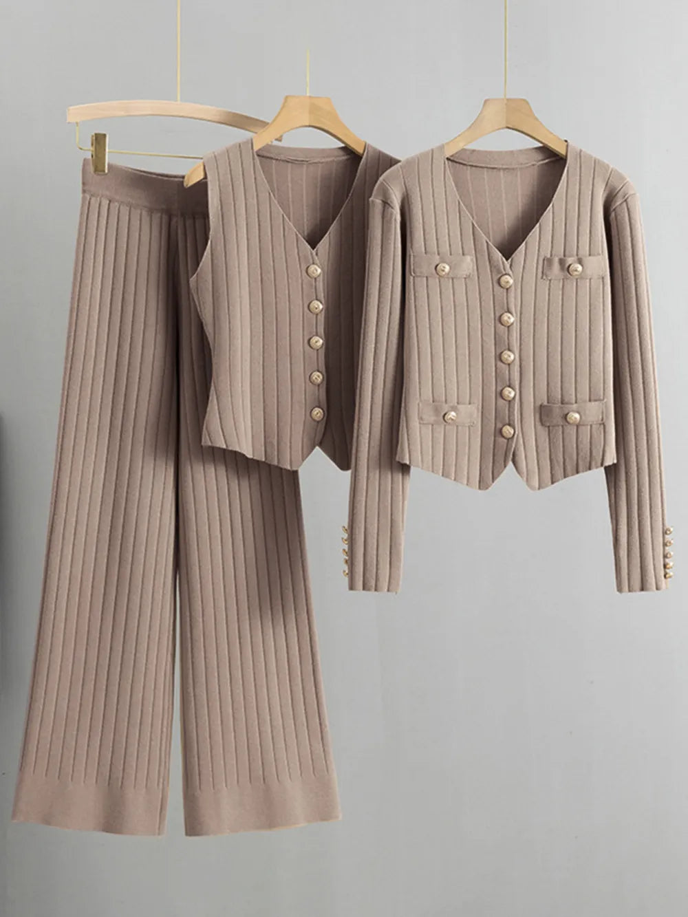 V-Neck Tank, Cardigan and Pants Three-Piece Sweater Set - Grace Beauty H&C 