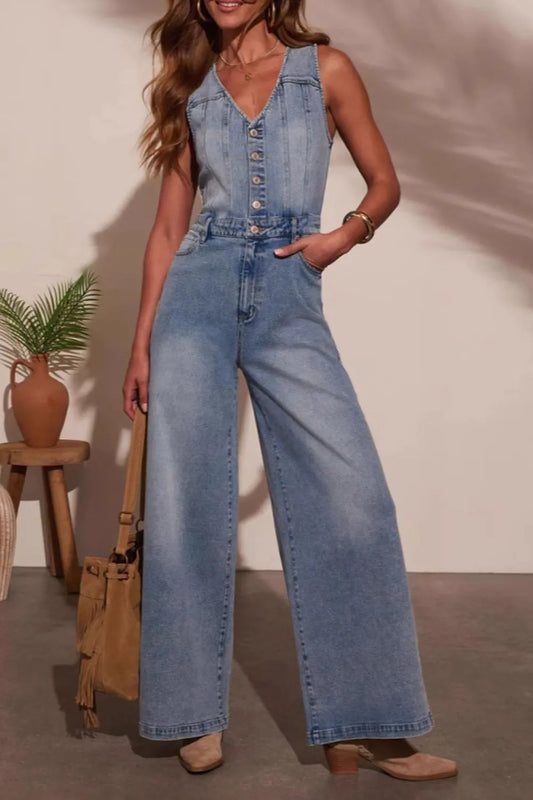 V-neck Wide Leg Denim Jumpsuit - Grace Beauty H&C 