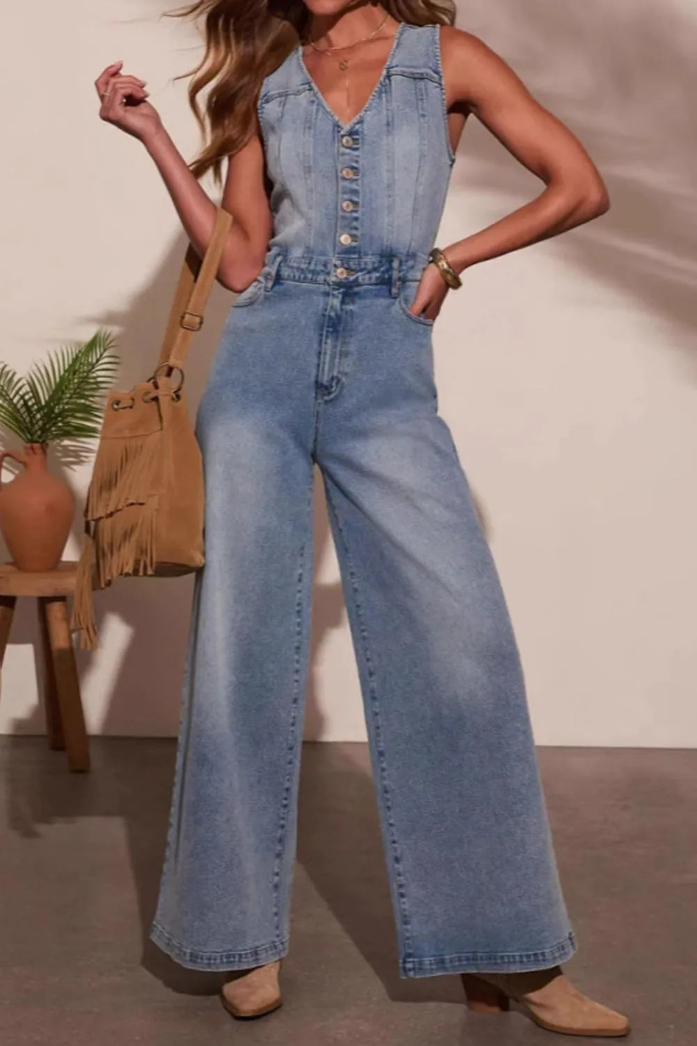 V-neck Wide Leg Denim Jumpsuit - Grace Beauty H&C 