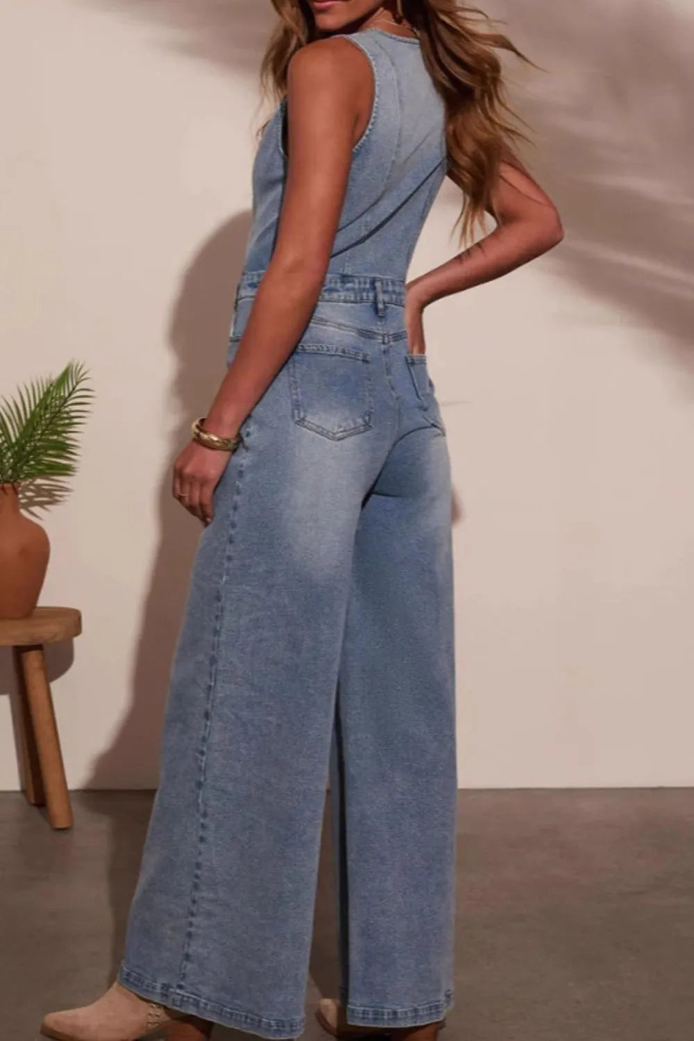 V-neck Wide Leg Denim Jumpsuit - Grace Beauty H&C 