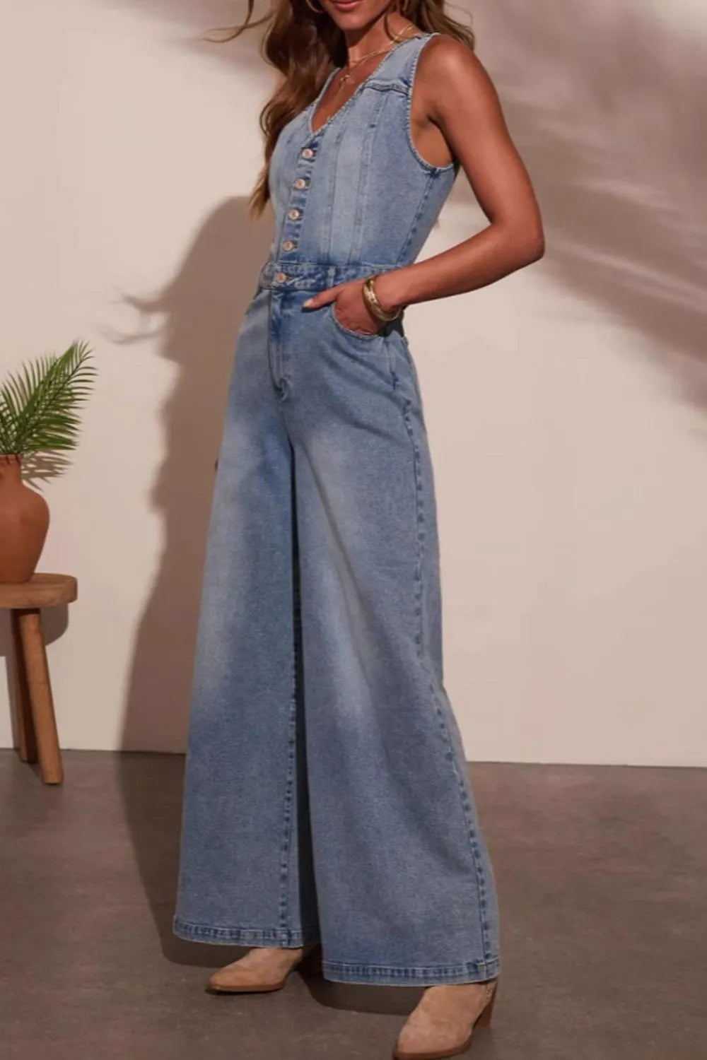 V-neck Wide Leg Denim Jumpsuit - Grace Beauty H&C 