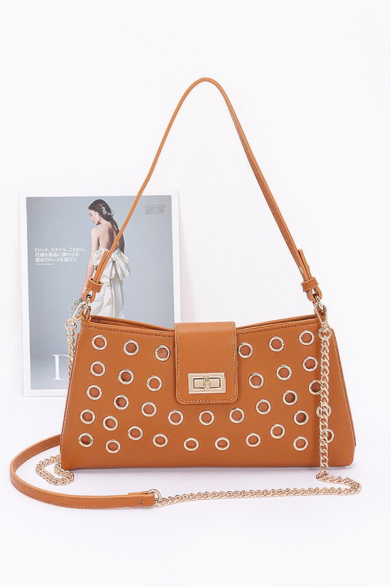 Faux Leather Eyelet Studded Shoulder Bag - Grace Beauty H&C 