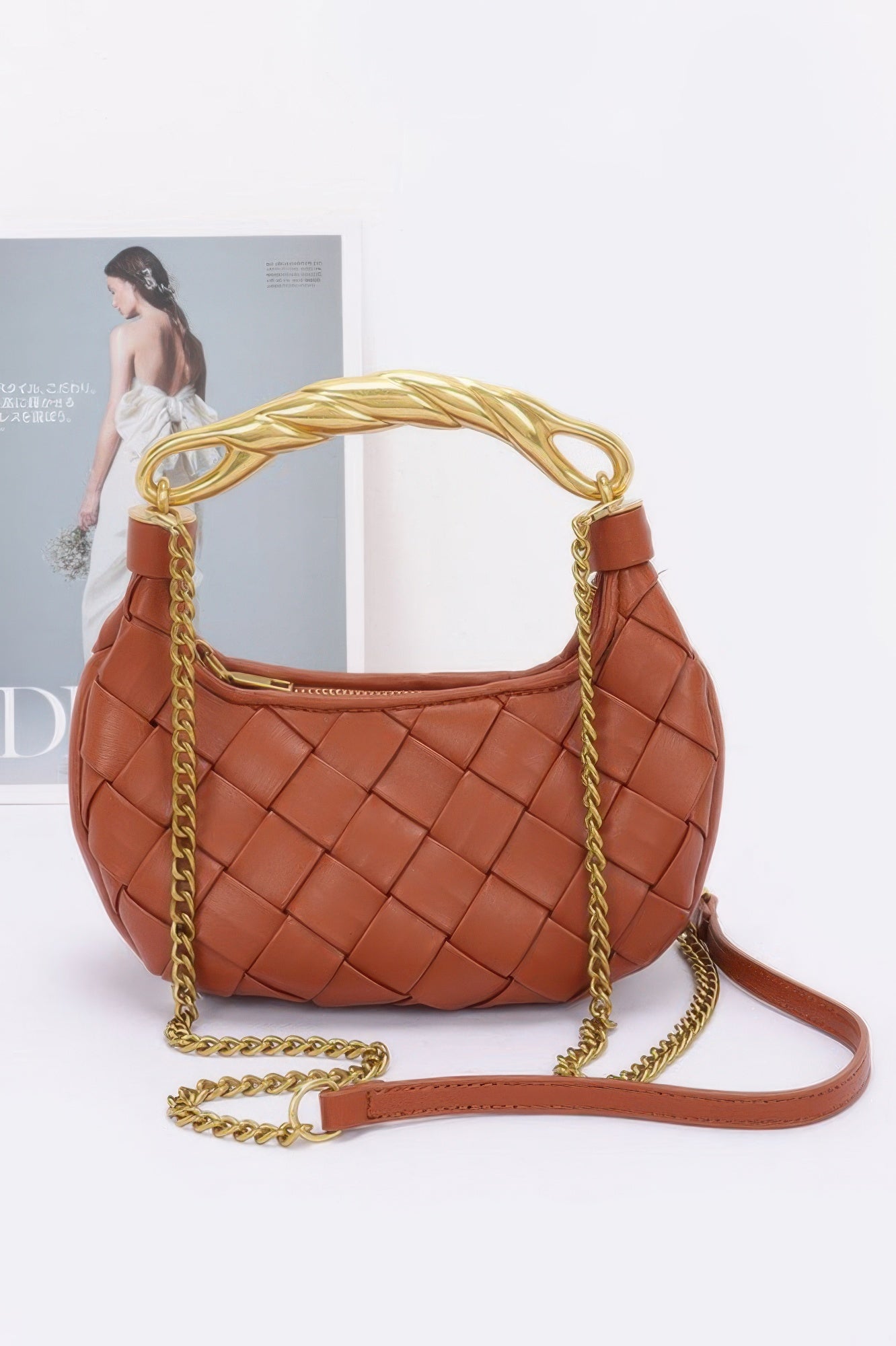 Faux Leather Braided Metal Handle Bag - Grace Beauty H&C 