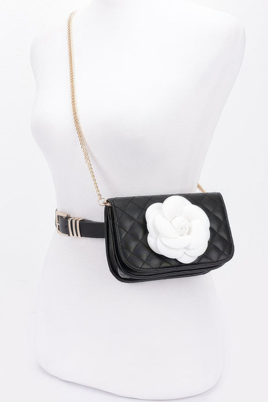 Faux Leather Quilted Flower Beltbag Shoulder Chain - Grace Beauty H&C 