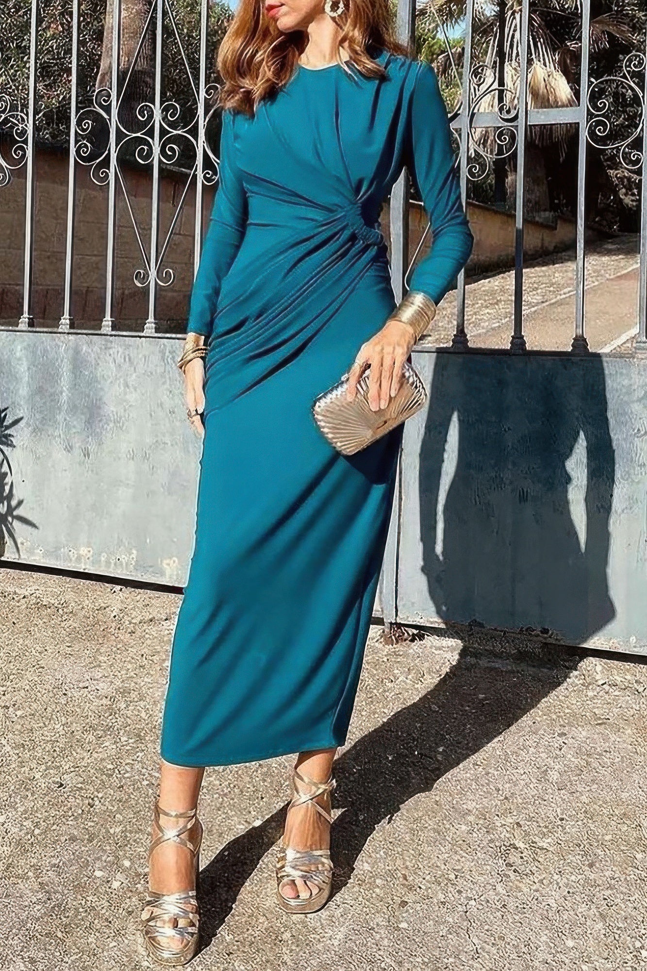 Elegant Round Neck Solid Ruched Wrap Hem Dress - Grace Beauty H&C 