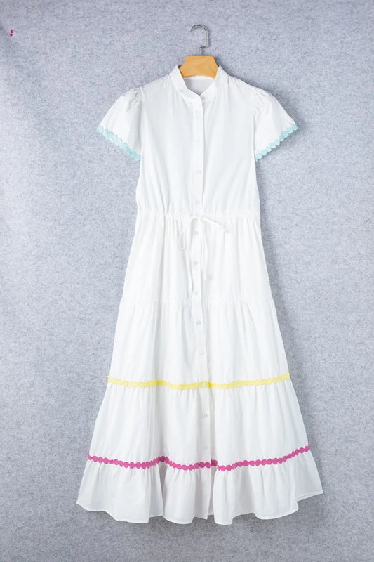 Women’s Contrast Trim Button-Up Short Sleeve Dress – Casual A-Line Dress - Grace Beauty H&C 