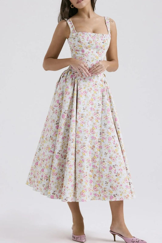Women’s Floral Square Neck Wide Strap Midi Dress – Casual Summer Dress - Grace Beauty H&C 