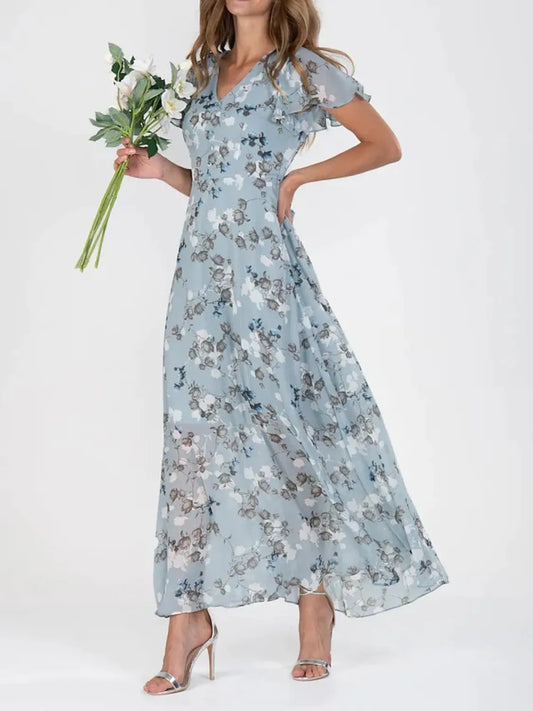 Women’s Floral V-Neck Flutter Sleeve Maxi Dress – Elegant Summer Long Dress - Grace Beauty H&C 