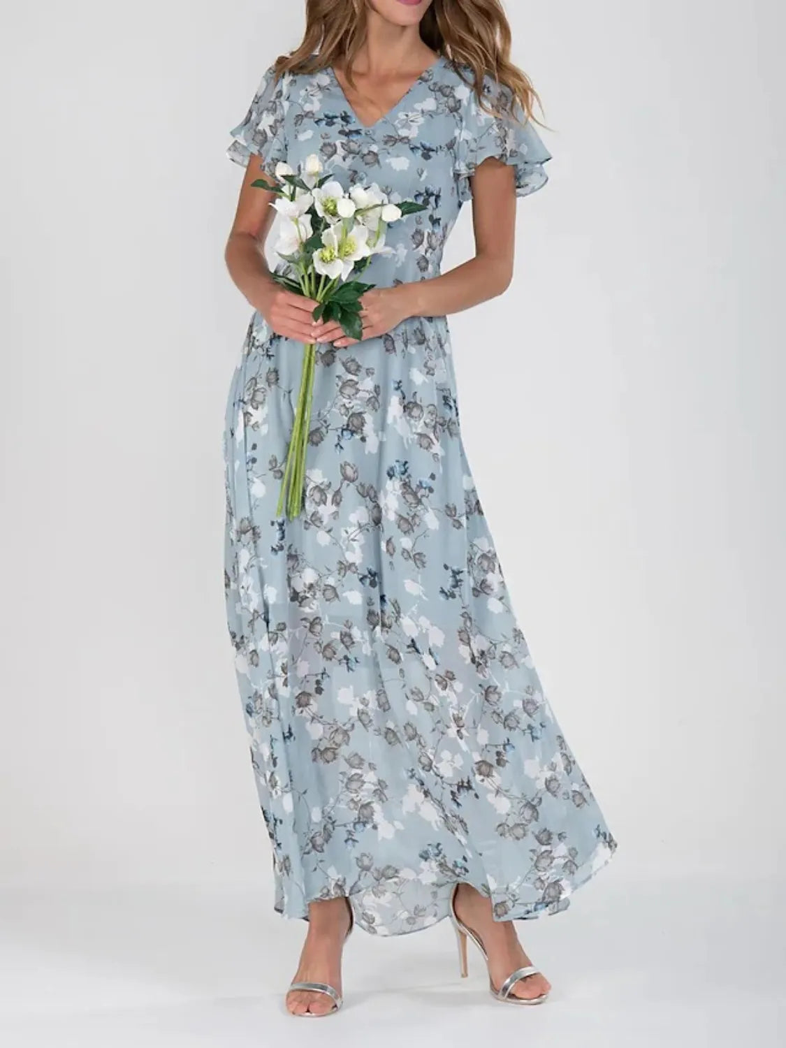 Women’s Floral V-Neck Flutter Sleeve Maxi Dress – Elegant Summer Long Dress - Grace Beauty H&C 