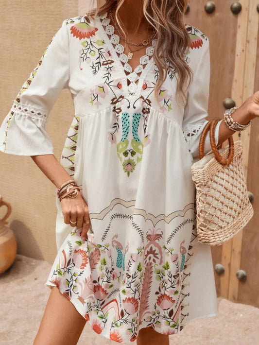 Women's Lace Detail Printed Dress – 3/4 Sleeve Casual Midi - Grace Beauty H&C 