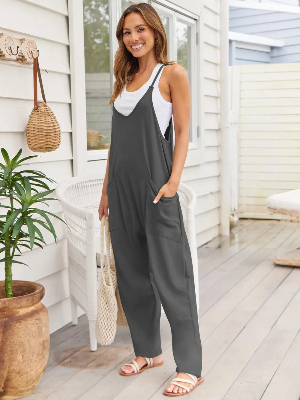 Women's V-Neck Spaghetti Strap Jumpsuit – Sleeveless One-Piece Outfit - Grace Beauty H&C 